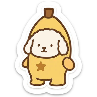 Transform the image into a WhatsApp sticker by removing the background and leaving only the dog dressed as a banana. Add a thick white border around the dog to create a prominent sticker effect, emphasizing the outline clearly. sticker