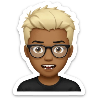 Black Male Teenager with Short punk messy blonde hair, Dark brown bushy eyebrows large expressive golden-brown eyes, wearing a plain white t-shirt, wearing thick black glasses, Dark Brown skin color. Showing off his vampire tooth sticker