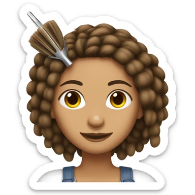 Olive skin tone female with brown dreadlocks wearing pick and holding dog grooming tools sticker