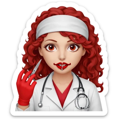 Scary woman scalpel in hand, evil surgeon sexy surgeon clothes.  She has red eyes. Her  brown long curly hair. Wears sexy doctor outfit with red gloves. Hides mouth necknose with red bandana to hide her identity sticker