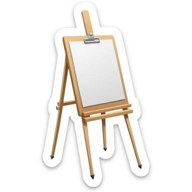 Minimalistic flat vector icon, iOS style, thin black contour on white background. Easel with a paper sheet and a pencil leaning against it. No text, no shadows sticker
