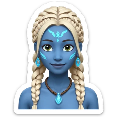 avatar-style Na’vi female portrait, head and shoulders only, blue skin, glowing bioluminescent markings, long braided hair, subtle tribal jewelry, confident smile, 3D cartoon, mobile game icon style, clean background, no text, no watermark
 sticker