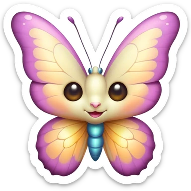 Cinematic Cute Butterfly Portrait Emoji, Head tilted playfully and inquisitively, featuring a charming, petite form with intricately detailed, softly tinted wings and round, sparkling eyes full of gentle wonder, Simplified yet irresistibly adorable features, highly detailed, glowing with a warm, inviting pastel glow, high shine, affectionate and lively, stylized with a touch of whimsical garden charm, soft glowing outline, capturing the essence of a mischievous butterfly that seems as if it could dance out of the screen into your arms! sticker