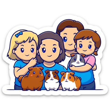 Family portrait with father with dark brown hair and blue eyes, mother with light brown hair and blue eyes, three blonde little girls with blue eyes, plus a grey cat and two guinea pigs sticker