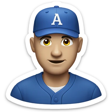 White bald man, giving an evil smirk in a blue baseball hat cocked up into the side sticker