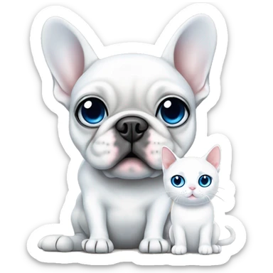 White French bulldog with blue eyes and a white cat with blue eyes sitting together sticker
