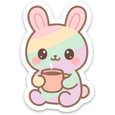 cute rainbow-colored female cartoon bunny with stitched details, drinking coffee, charming and playful style sticker