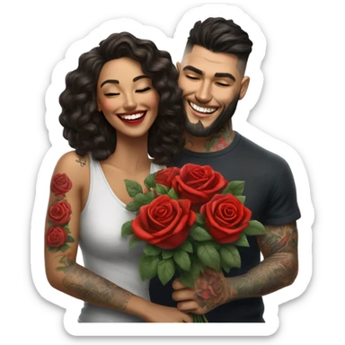 Hyper Realistic beautiful woman smells bouquet of bright red roses laughing with handsome tattooed man  sticker