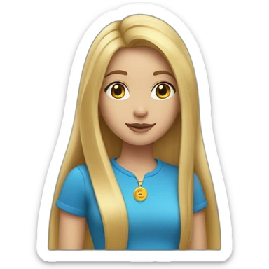 blonde girl with long straight hair dressed in a blue shirt and a golden pendant sticker