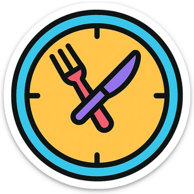 meal time icon, clock with utensils as hands, flat color, modern icon style sticker