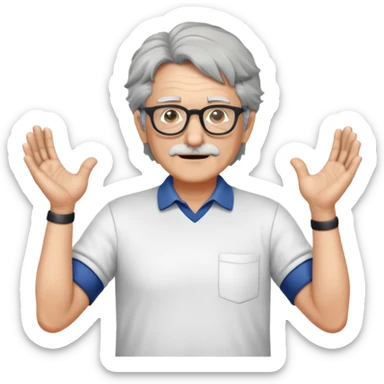 older professor with salt-and-pepper hair and glasses wearing shirts, no mustache, with hands positioned as if grabbing an invisible rugby ball sticker