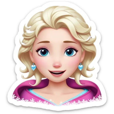Cinematic Adorable Elsa Portrait Emoji, Giggling as tiny snowflakes swirl around her, cheeks flushed pink from the cold, eyes twinkling with warmth, a heart-melting mix of beauty and playfulness! sticker