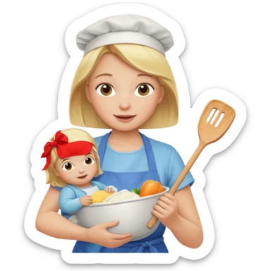 Blonde girl, cooking , cleaning and holding a baby sticker