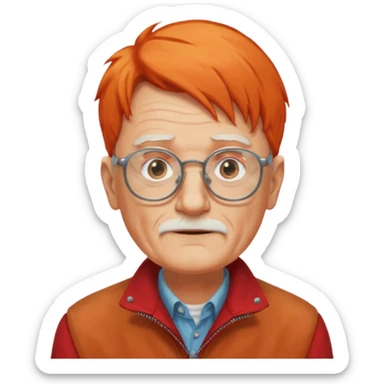 old man, orange hair, no mustache, wearing glasses, long face, wearing a red jacket sticker