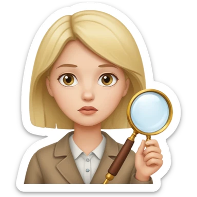 A woman holding a large magnifying glass and looking at something intently sticker