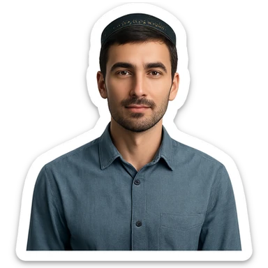 A Tajik man with a slender build, oval face, broad forehead, straight nose, expressive brown eyes, thick eyebrows, dark straight hair, and warm-toned skin, neatly kept facial hair sticker