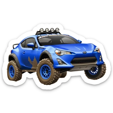 Dirty raced jacked 2013 scion fr-s ultramarine off road 4wd monster Baja dessert stadium rock racer number 86 with long travel suspension, shiny silver wheels, exaggerated wide black fender flares  sticker