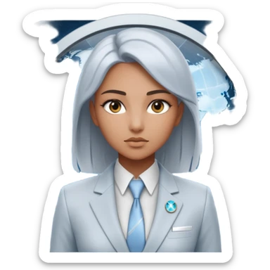 Artemis, A sleek female avatar with a focused, forensic gaze, wearing a minimalist white and silver tailored suit accented with moonlight blue. She is analyzing a transparent holographic interface displaying complex global sovereign credit data. sticker