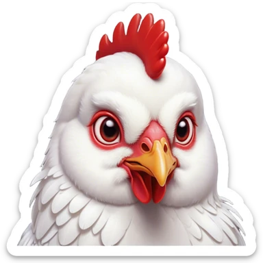 Cinematic Cute White Chicken Portrait Emoji, Head tilted playfully and inquisitively, featuring smooth, immaculate white feathers and a delicate red comb, round, sparkling beady eyes filled with curiosity, Simplified yet irresistibly adorable features, highly detailed, glowing with a warm, friendly glow, high shine, affectionate and lively, stylized with a touch of farmyard whimsy, bright and endearing, soft glowing outline, capturing the essence of a mischievous yet loving chicken, so playful it feels like it could peck out of the screen and into your arms! sticker