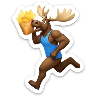 A moose running with a bottle of pop and a bag of potato chips  sticker