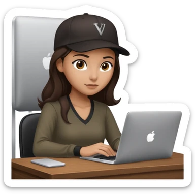 A professional 3D avatar of a young woman with olive skin and long, dark brown hair, wearing a dark, long-sleeved V-neck brown shirt and a black baseball cap. She's sitting at a sleek wooden desk, typing and looking at a silver MacBook.  sticker