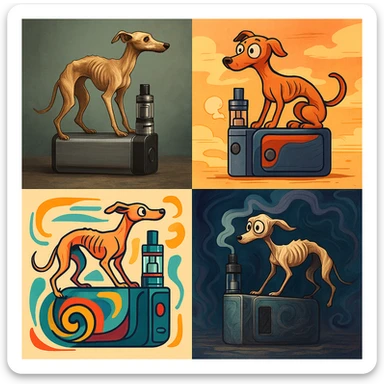 thin dog with visible ribs riding on a vape device, diverse artistic styles sticker