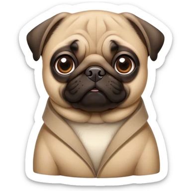 Cinematic Noble Fawn Pug Portrait Emoji, Poised and regal, with a compact, sturdy build and a sleek, well-groomed fawn coat, deep-set soulful dark eyes, Simplified yet sharp and sophisticated features, highly detailed, glowing with a soft, dignified glow, high shine, intelligent and spirited, stylized with an air of confidence, focused and attentive, soft glowing outline, capturing the essence of a watchful and commanding companion, so majestic it feels as though it could prance out of the screen with effortless authority! sticker