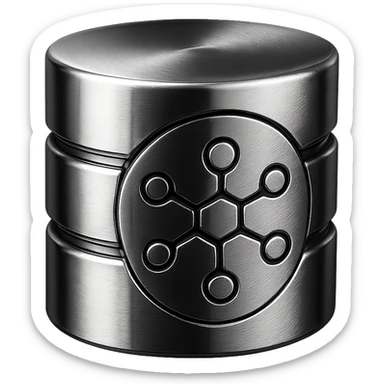 chrome database cylinder with glowing network nodes, symbolizing high-performance scalable databases, sleek and modern sticker