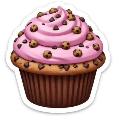 A pink muffin with chocolate chips and chocolate chip cookie topping sticker