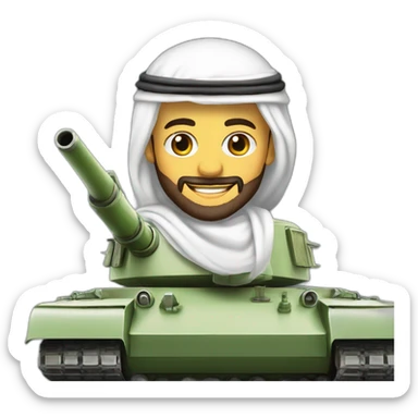 prince from Saudi Arabia with a beard in a white  shemagh national headdress riding  on a tank, smiling sticker