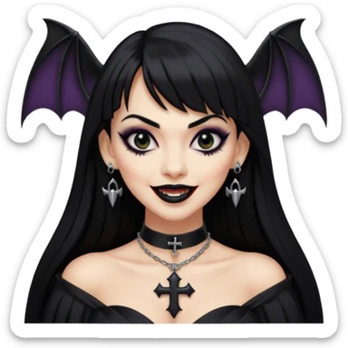 vampira com cabelo preto longo e liso e franja, olhos pretos, brincos em formato de cruz, choker em formato de morcego, roupa preta com decote, batom preto e sorrindo mostrando as presas sticker