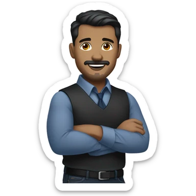  emoji of a man with short dark hair, clean-shaven, goatee and mustache.  wearing a formal button-up dark blue shirt, black pants, and a belt. smiling  with a smartwatch on his wrist.  resemble professional attire. smaller eyes  sticker
