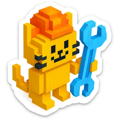 worker cat with orange construction hat holding a wrench in voxel style sticker