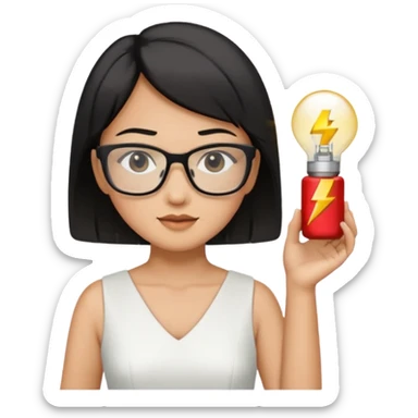 asian teacher with a white dress holding a flash with retangle glasses and black short hand  sticker
