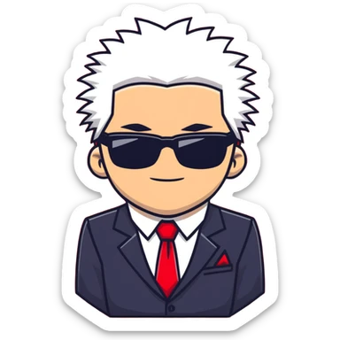 Satoru Gojo character with white spiky hair, black suit, red tie, sunglasses, and confident smirk sticker