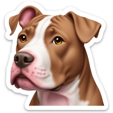 Brown and white pit bull wearing pink sticker