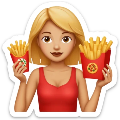 lean female holding fries on one hand and eating pizza on the other hand sticker