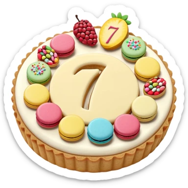 number-shaped 7 cookie cream tart decorated with macarons, fruit, and candy toppings, simplified, clear, emoji-like sticker