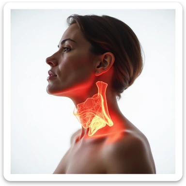 woman with non-functioning thyroid, thyroid highlighted in red and transparent to show internal anatomy, focus on neck, hyperrealism, 4K, white background sticker