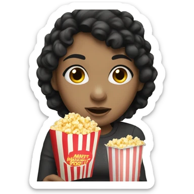 Caucasian girl with black hair, eating popcorn sticker