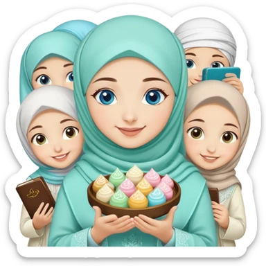 Turkish beautiful finish Konya girl blue eyes with mint hijab islamic dress and had on her hand text Eid Mubarak with sweets and celebrating with her friends eid days   sticker