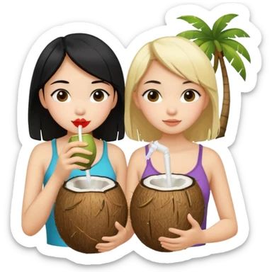 Two girls drinking out of a coconut one is Asian with black hair the other is white with blonde hair  sticker