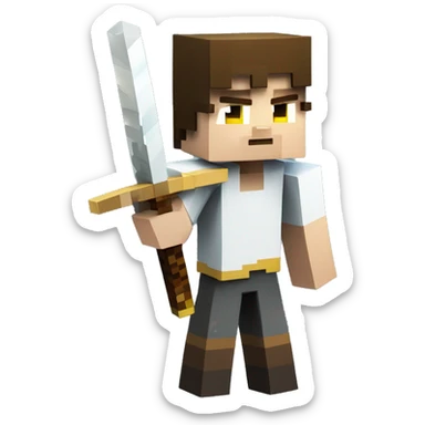 The image shows a Minecraft character with white skin, bright yellow eyes, and short brown hair. The character is holding a wooden sword and has a blocky, pixelated appearance typical of Minecraft. sticker