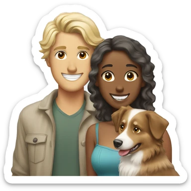 Smiling blonde couple with australian shepherd sticker