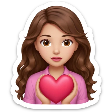 girl with long wavy brown hair, brown eyes, light to medium complexion, in a pink shirt, pink lips, long lashes, squeezing a big heart sticker