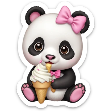 Cute chibi style girl Panda with big pink bow above ear eating and ice cream  sticker
