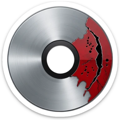 Minimalist emoji-style sticker of a single CD with a sharp crack and a dried blood spot. View from above, black, gray, and muted red.
 sticker