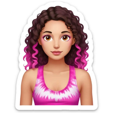 Woman in her 30s with luminous skin, long defined dark brown curls, large brown eyes, full lips with natural pink color, wearing bright pink tie-dye tank top, nurturing warm expression sticker