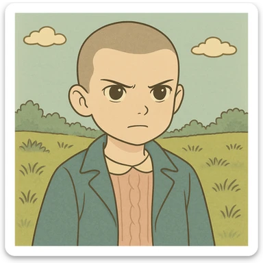 Variation of Eleven with shaved hair, serious expression, simple and delicate line art as in the reference drawing, colored in pastel tones, thick and dark contours, Ghibli style, 1:1 format, expression determined. sticker