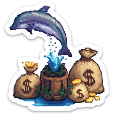 Add bags of money next to the dolphin in pixel art style, no background. sticker